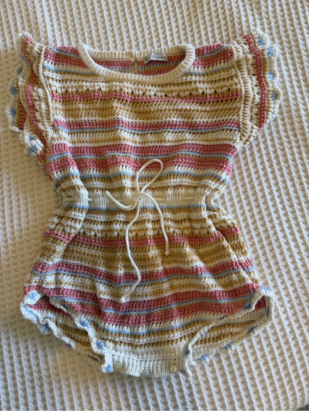 OshKosh B'gosh Crocheted Stripe Knit Romper - Cream, Pink & Blue